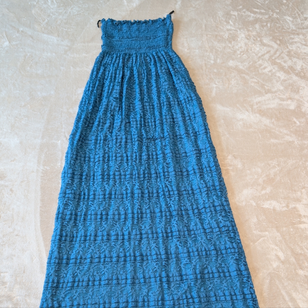 Teal Smocked Strapless Lace Boho Maxi Tube Dress Tiered Boho Hippie Blue Small - Picture 12 of 12